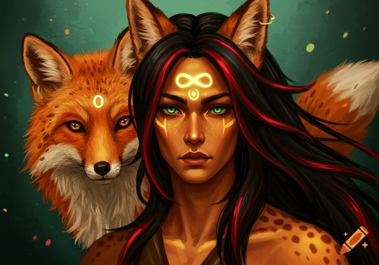 A human-fox hybrid woman with glowing face markings and a fox