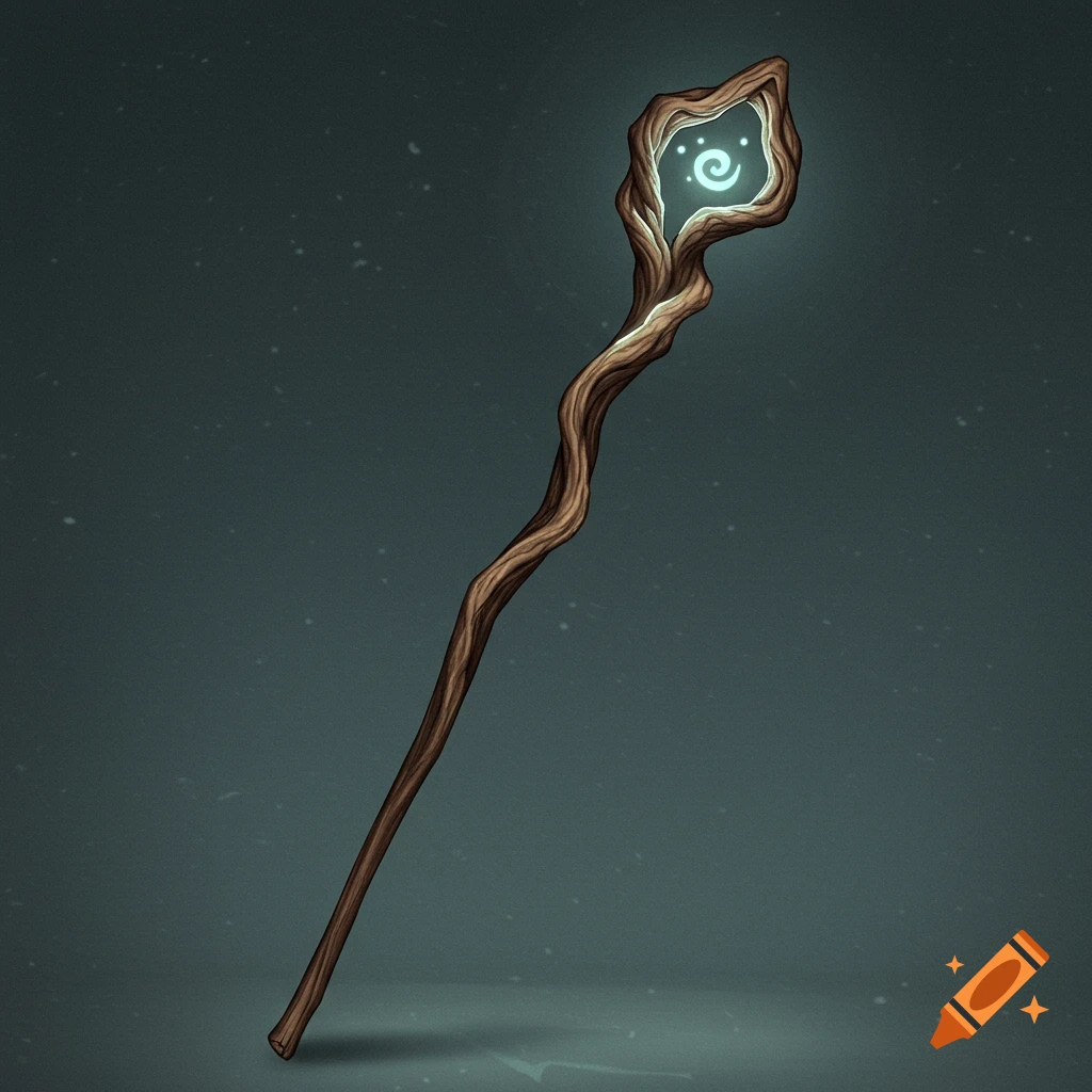 A fantasy magic staff made of twisting wood with a glowing blue symbol.
