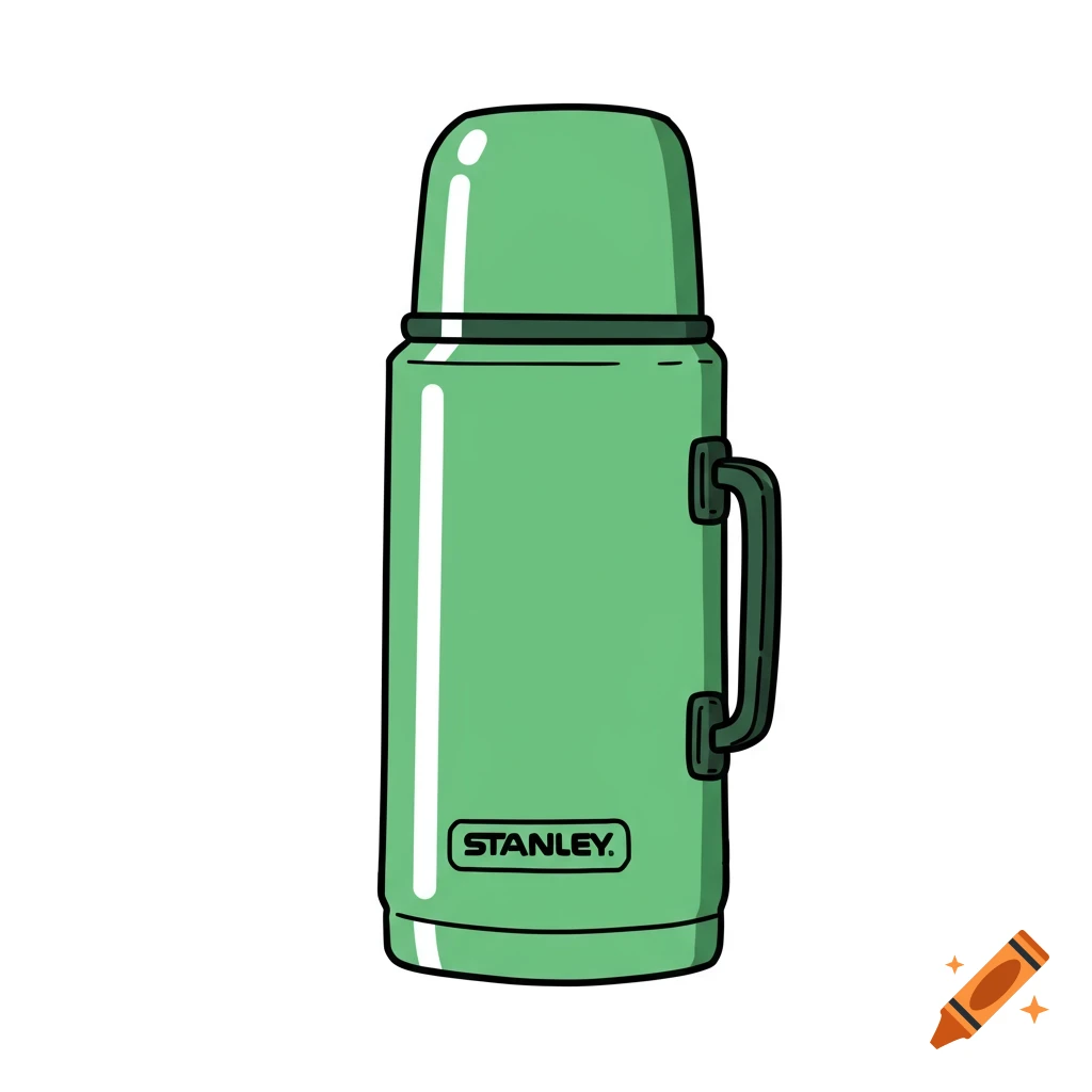 Simple cartoony illustration of a green Stanley thermos.