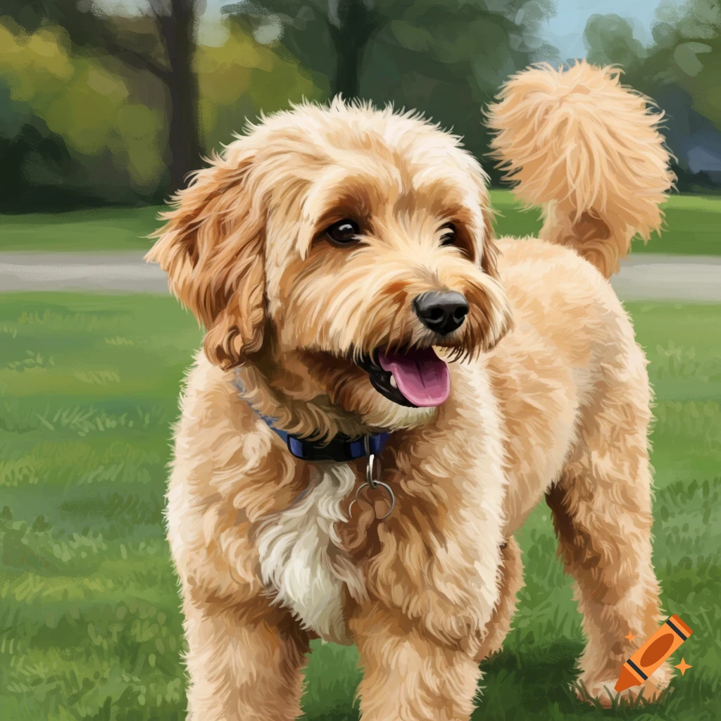 A golden doodle dog in a park.
