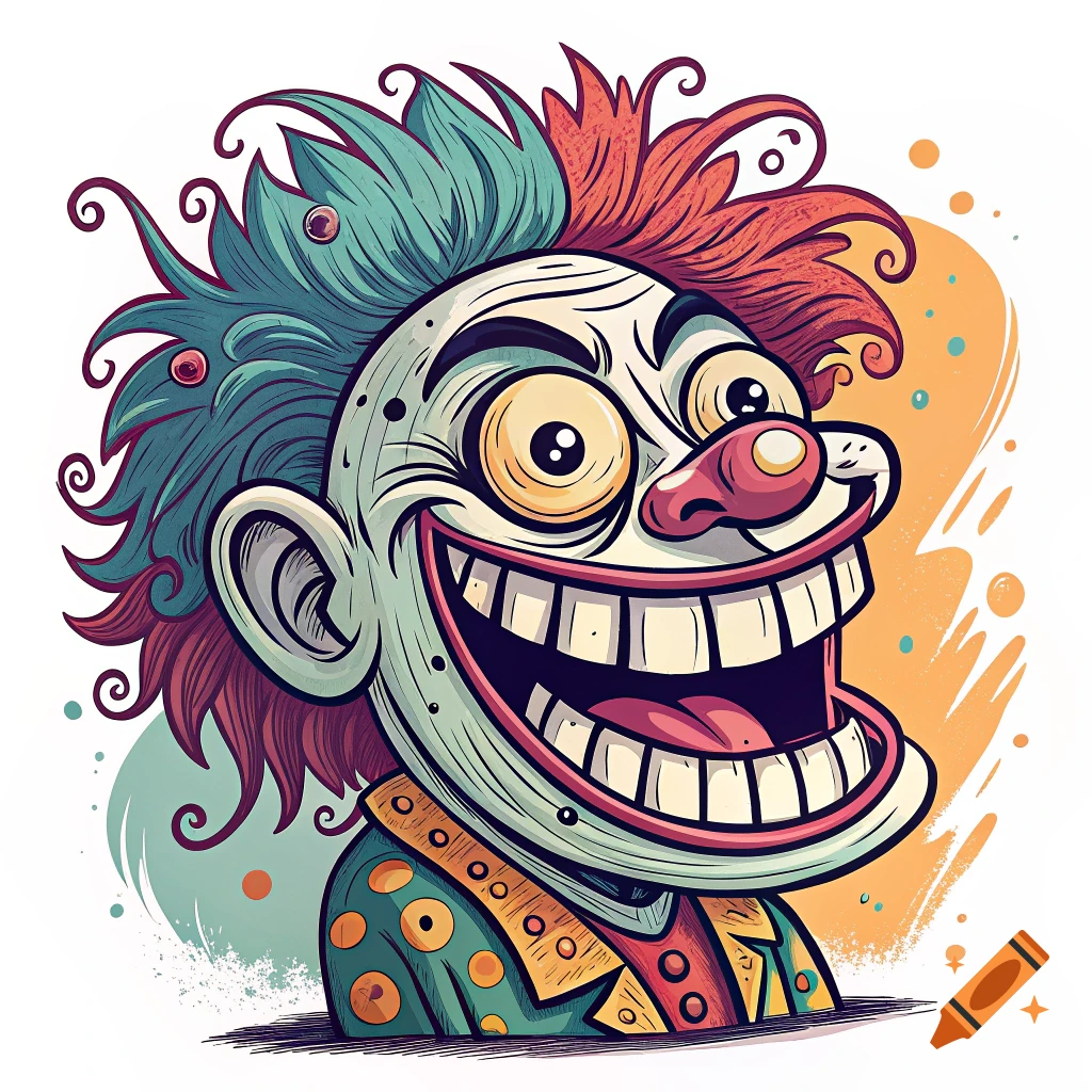 Cartoon of a clown's face with exaggerated smile and colorful hair.