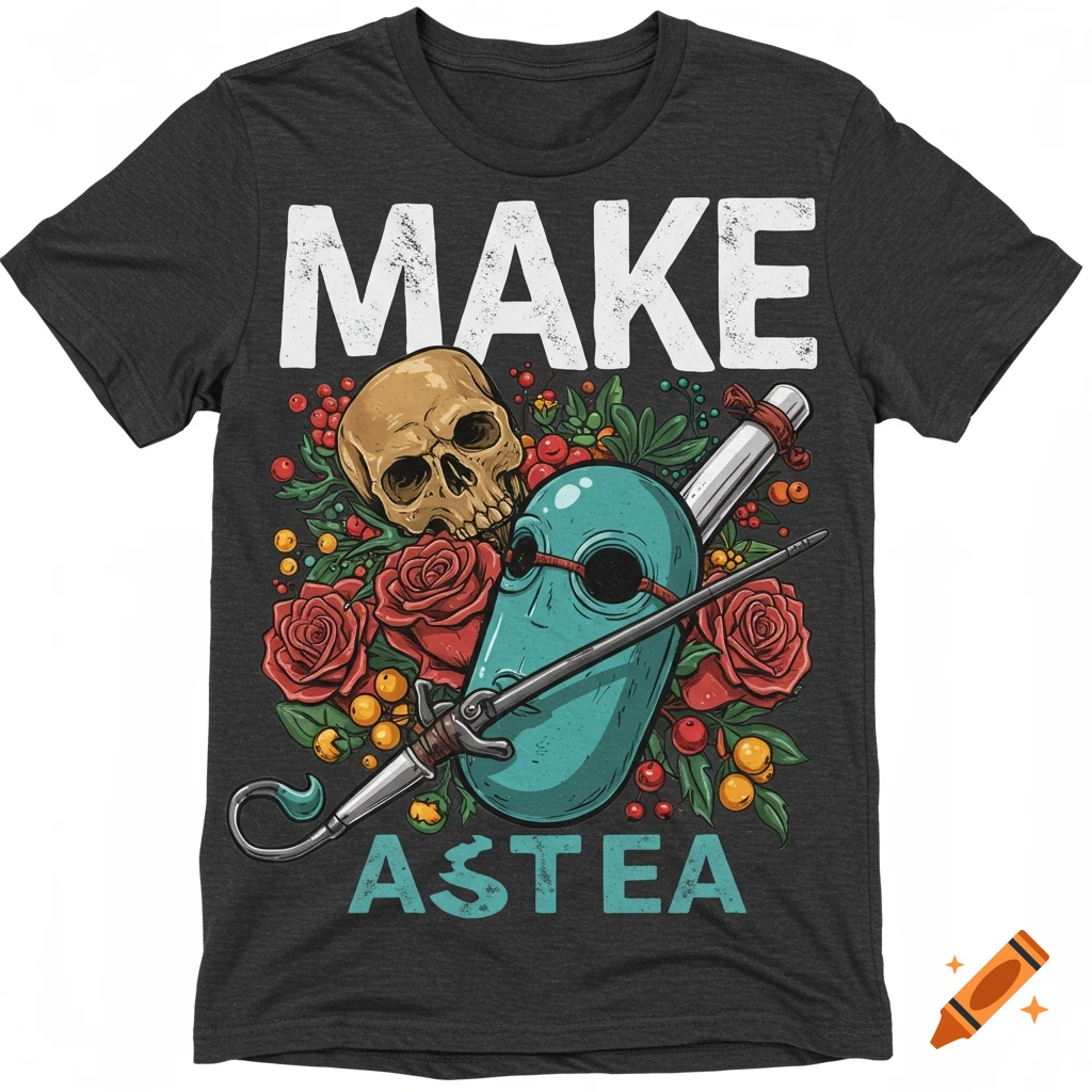 Illustration on a t-shirt showing a skull, roses, sword, and a mask with sunglasses, with text 'MAKE ASTEA'.