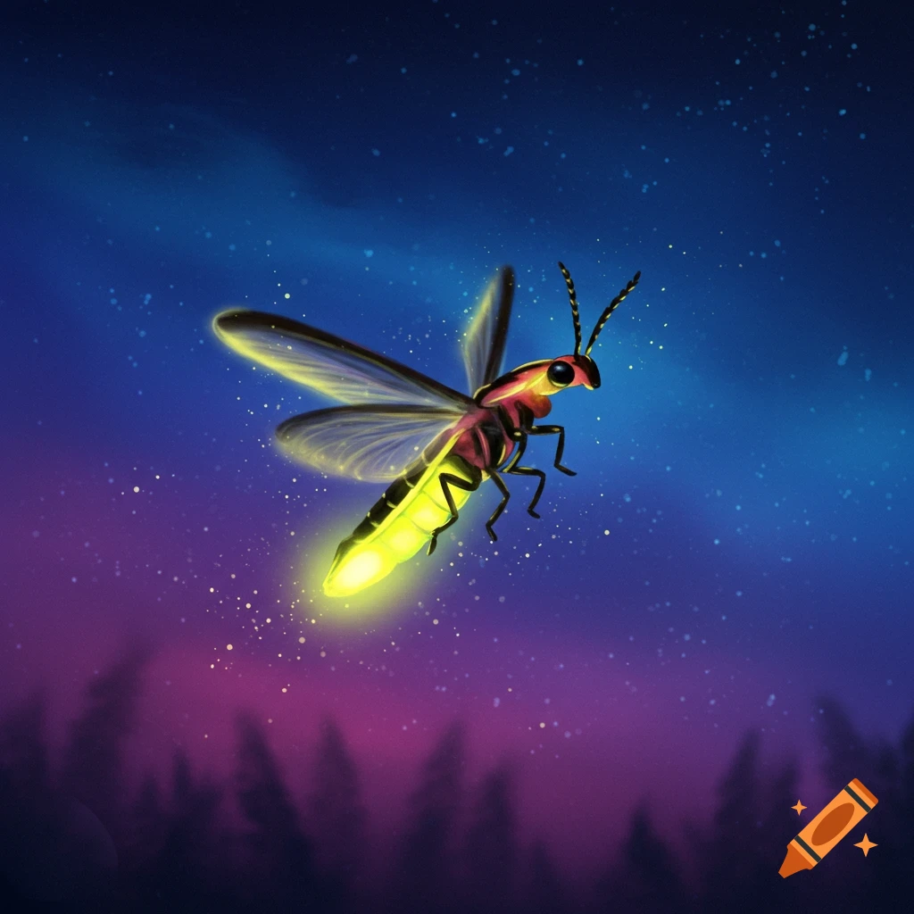 A firefly flying at night with stars visible and trees below.