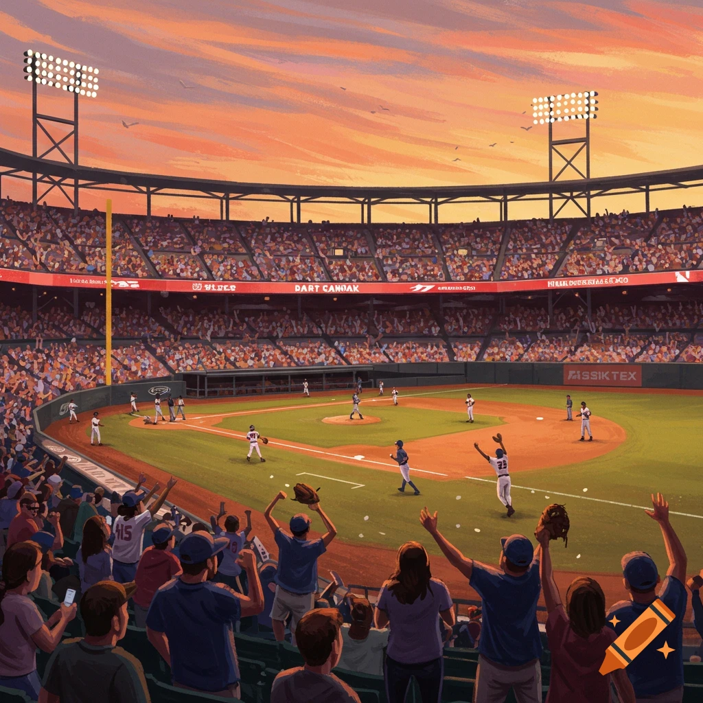 A baseball stadium at sunset with a game in progress and cheering fans after a walk-off.