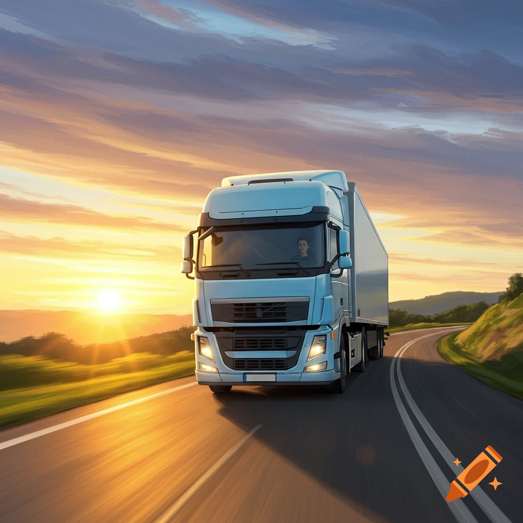 A blue semi-truck drives on a road at sunset.