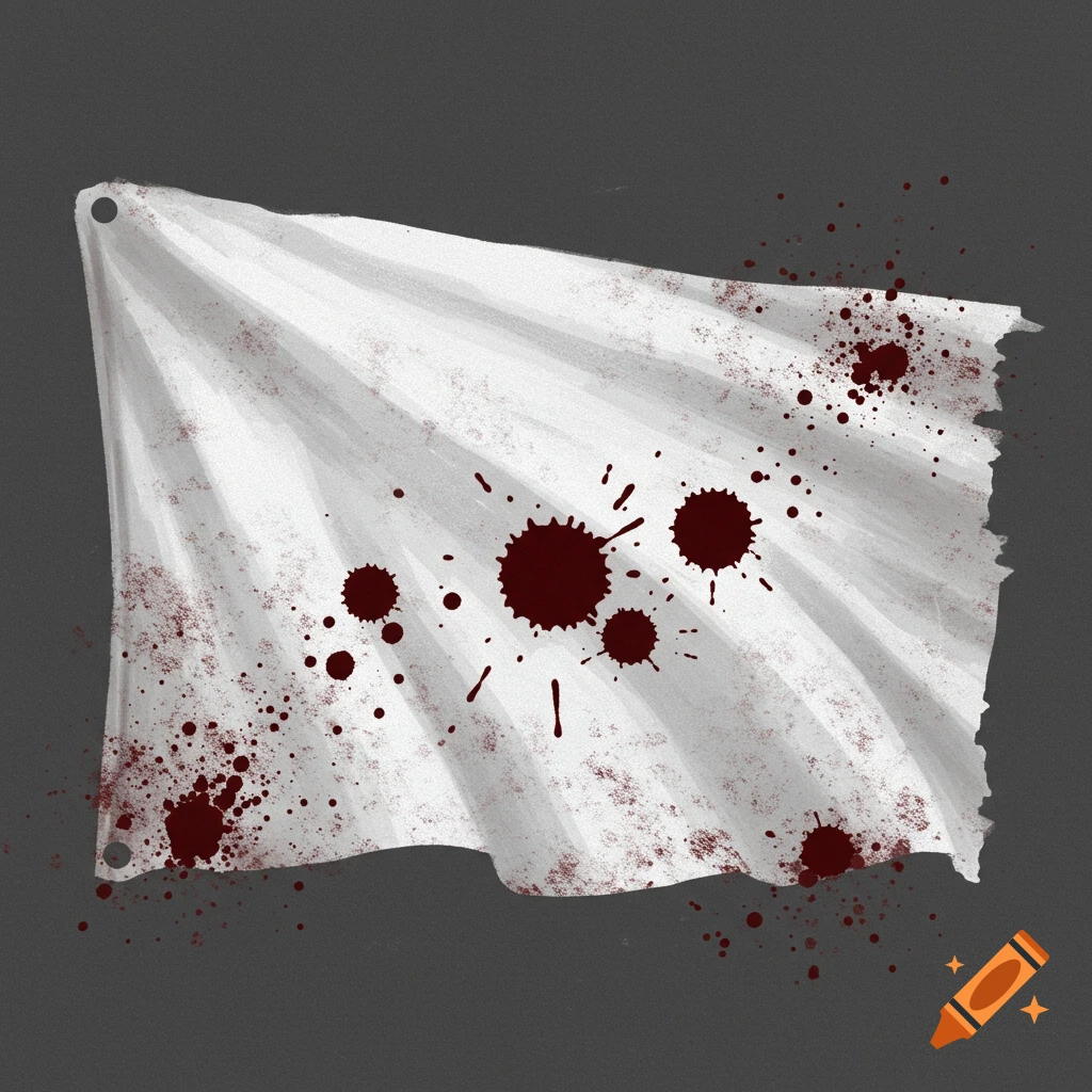 A white flag with dark red splatters on it.