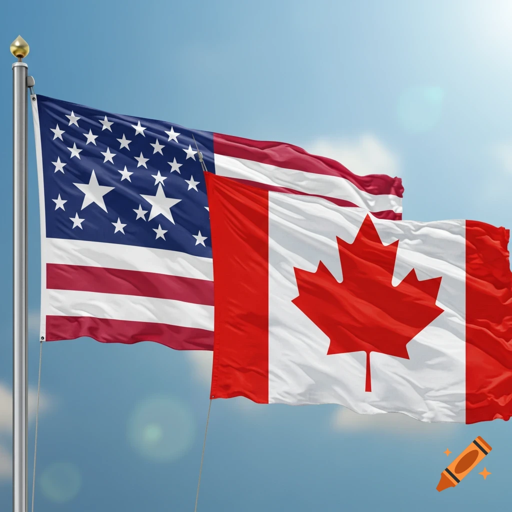 Flags of the United States and Canada flying side by side against a sky background.