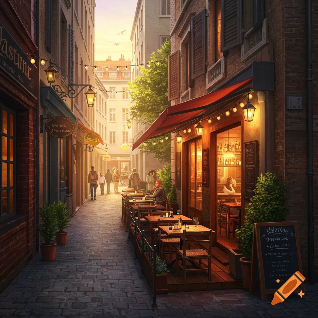 A narrow city street with a restaurant patio, people walking, and string lights hanging overhead at dusk.