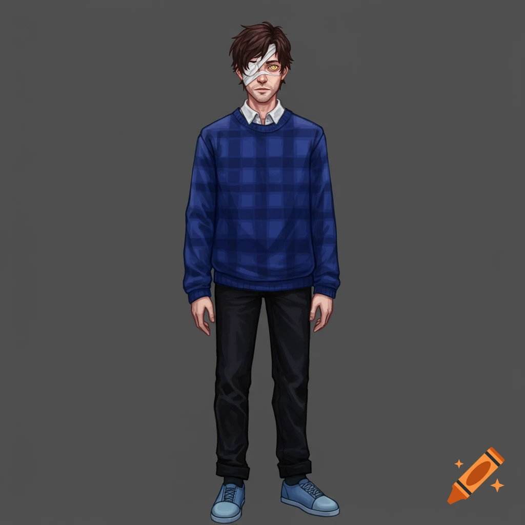 A man with a bandage over his left eye and yellow right eye, wearing a blue plaid sweater.