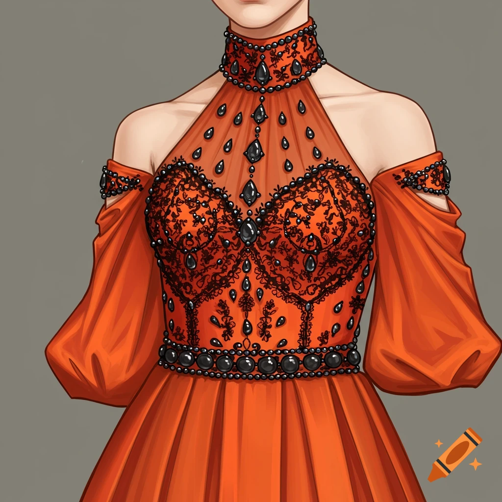 An orange and black jeweled gown.