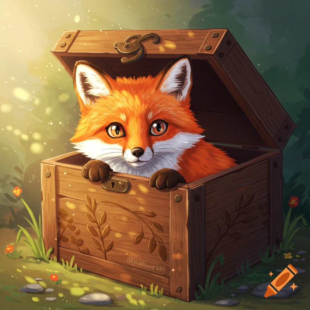 Cute cartoon fox peeking out of an open wooden treasure chest in a forest setting.