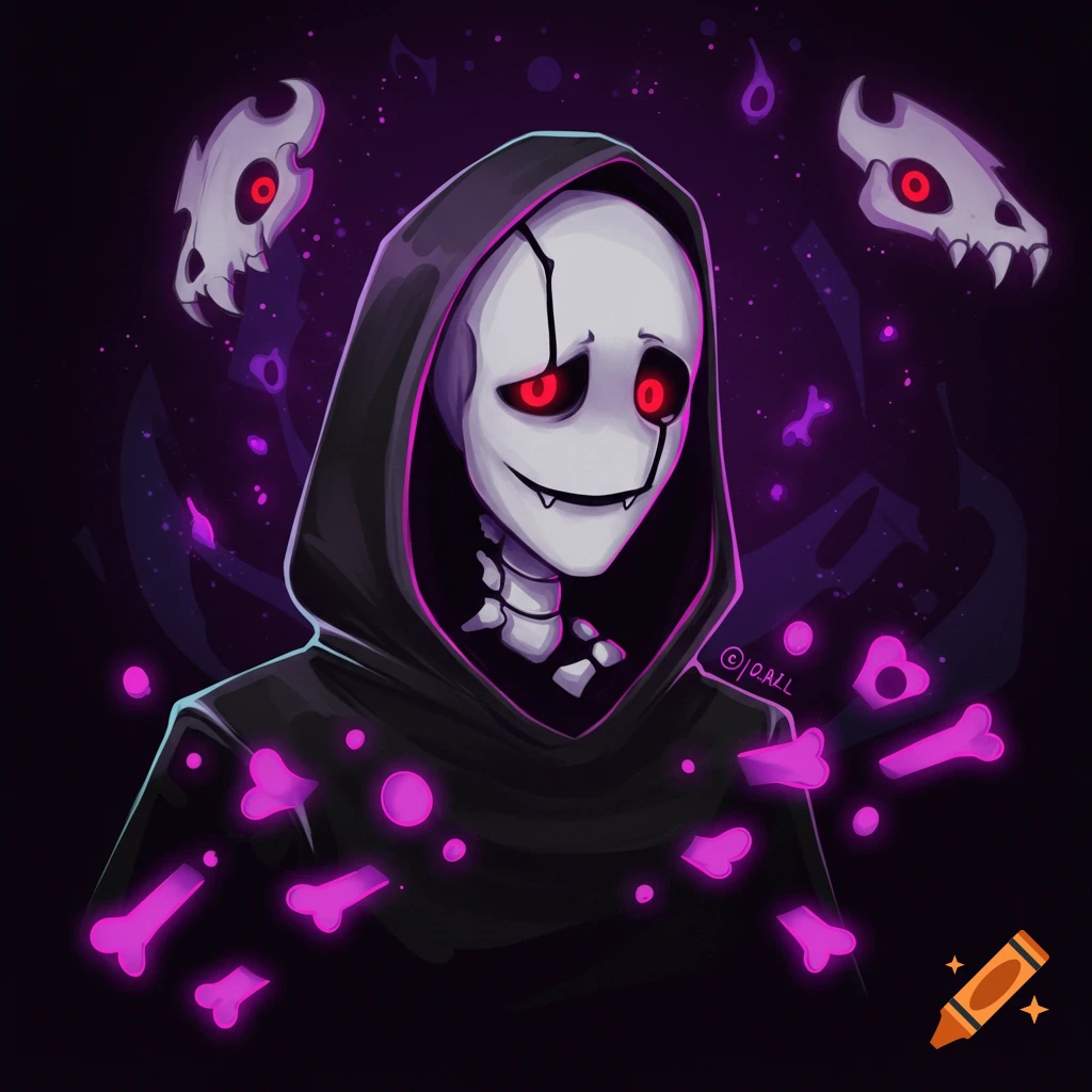 Digital art of a skeleton in a hooded robe with glowing eyes and floating bones.