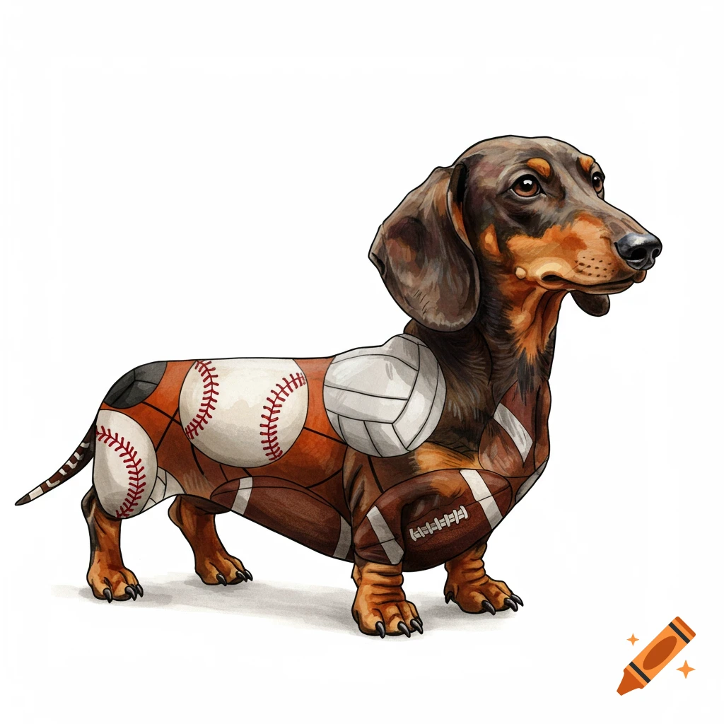 A dachshund with fur patterned like baseballs, a volleyball, and a football.