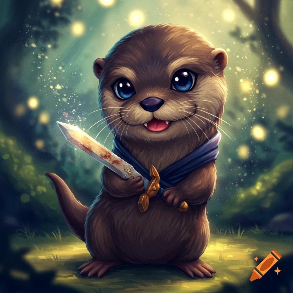 Cute cartoon otter holding a sword in a glowing fantasy forest