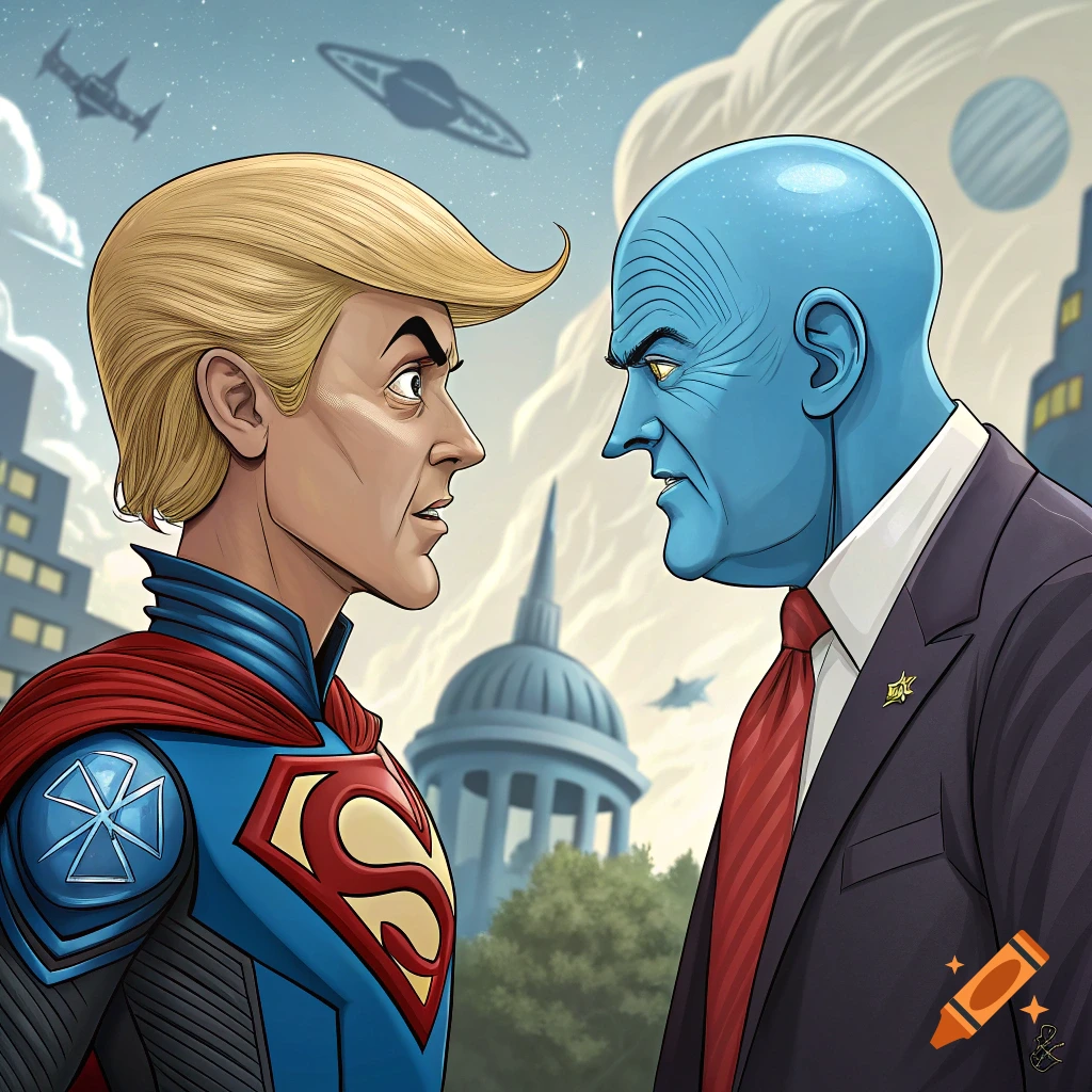 Cartoon depiction of Donald Trump as Superman confronting Megamind in a city with spaceships.