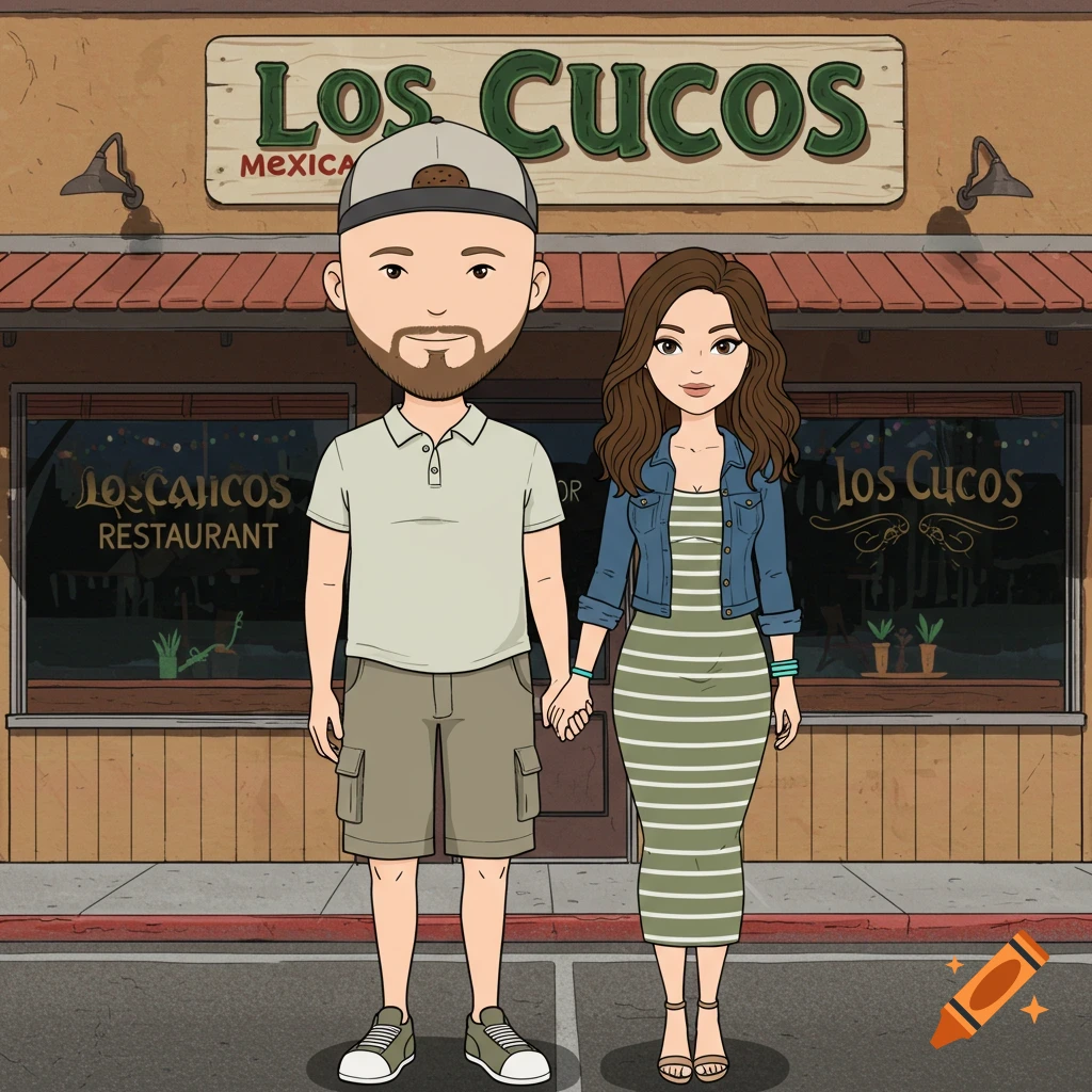 Cartoon couple holding hands in front of Los Cucos Mexican restaurant.