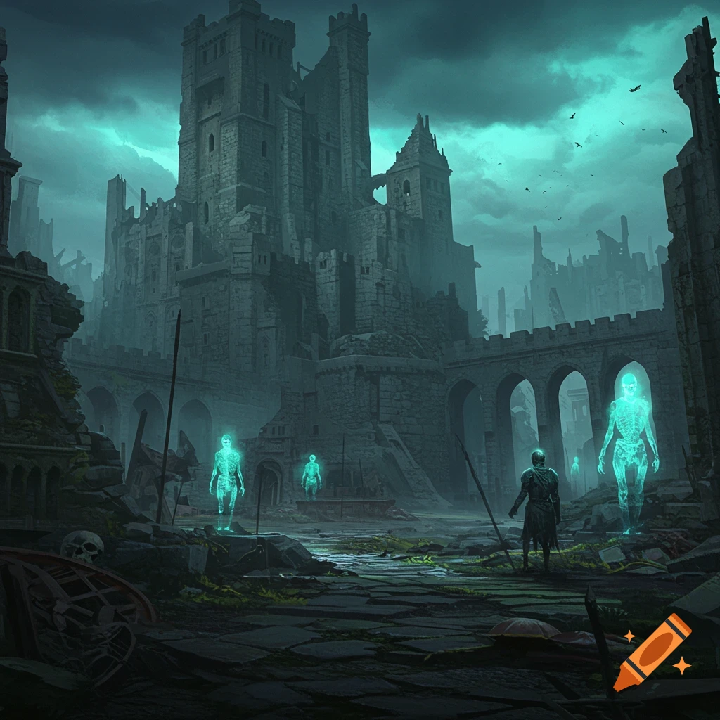 A figure stands before a ruined castle in a dark city, surrounded by glowing spectral figures.