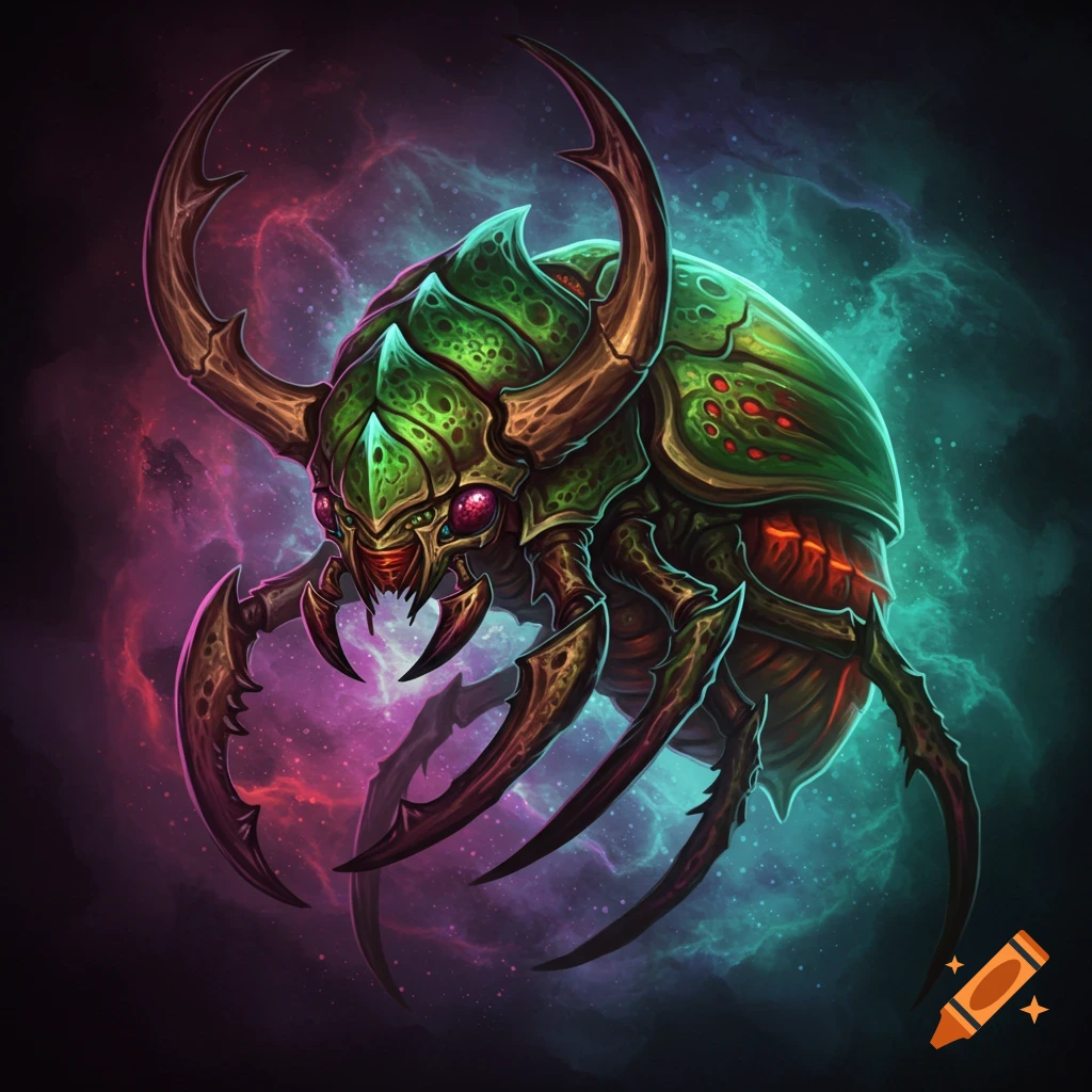 Green creature with horns and claws in a purple and blue nebula, digital art.