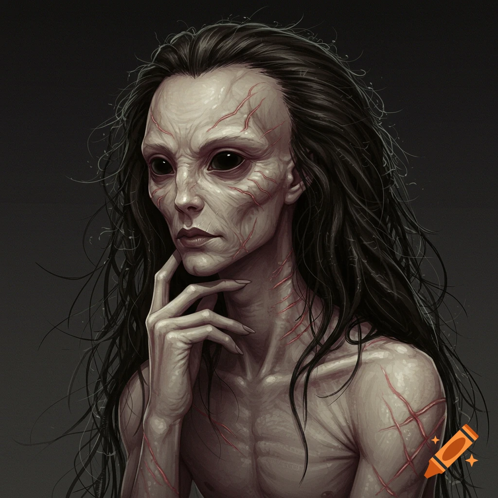 A pale, gaunt figure with black eyes, long tangled hair, and many red scars.
