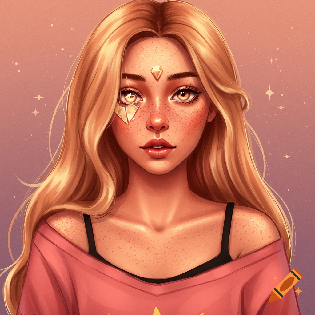 Portrait of a girl with blonde hair, freckles, and diamond accents on her face, wearing a pink shirt, against a starry background.