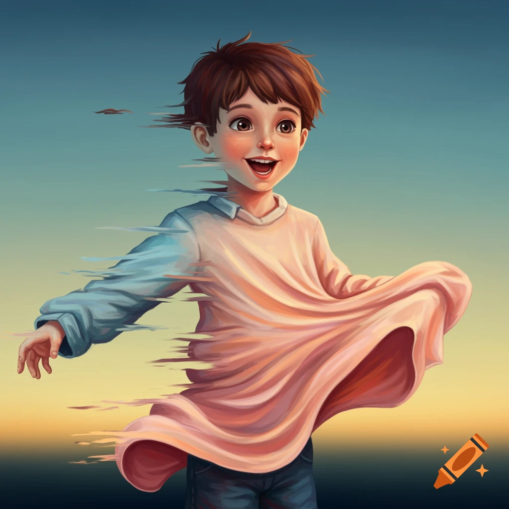 A happy boy is dissolving into streaks against a dusk sky.