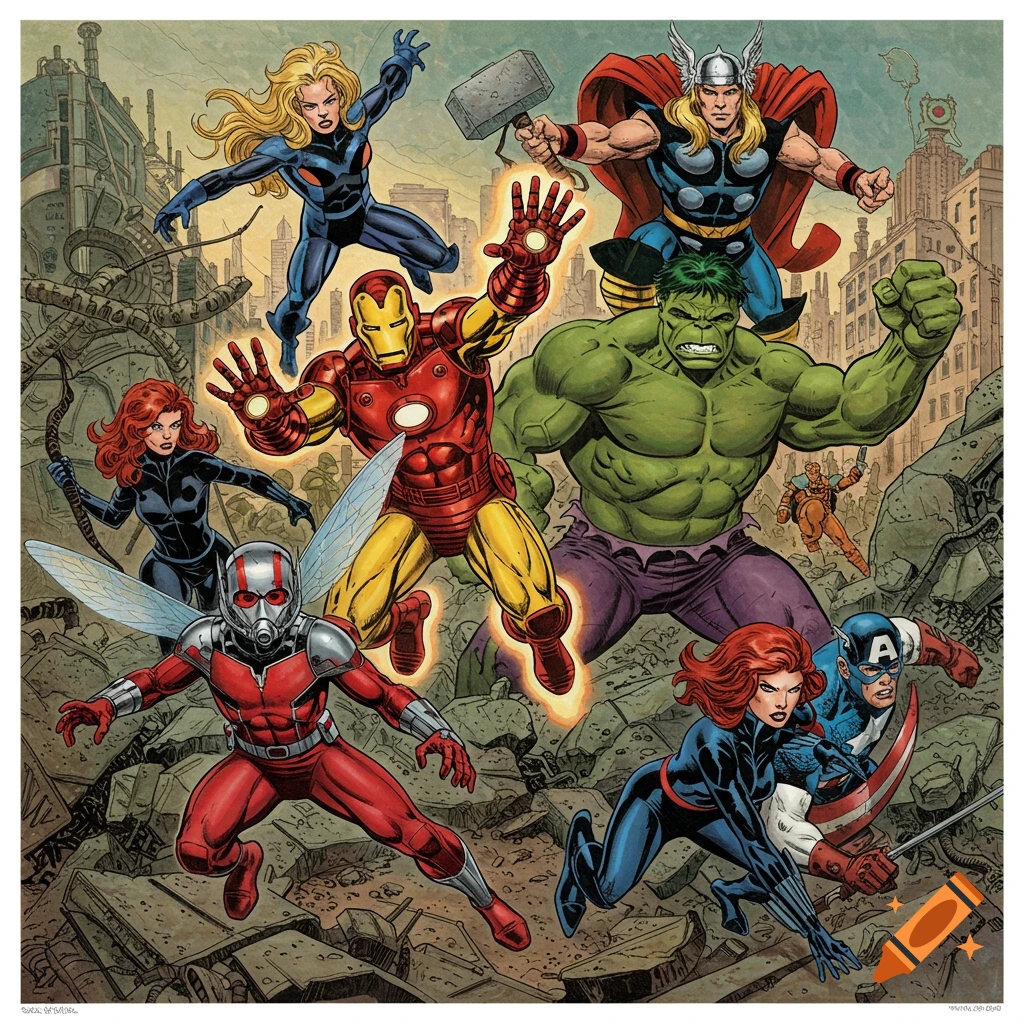 Avengers superheroes like Iron Man, Hulk, and Captain America in a dynamic comic book style battle scene.