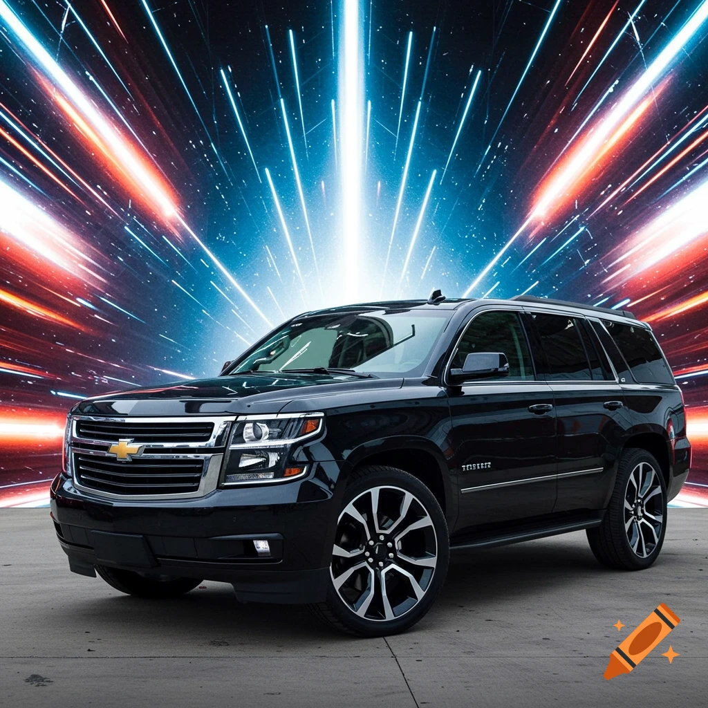 Black SUV parked in front of a colorful, futuristic light explosion background