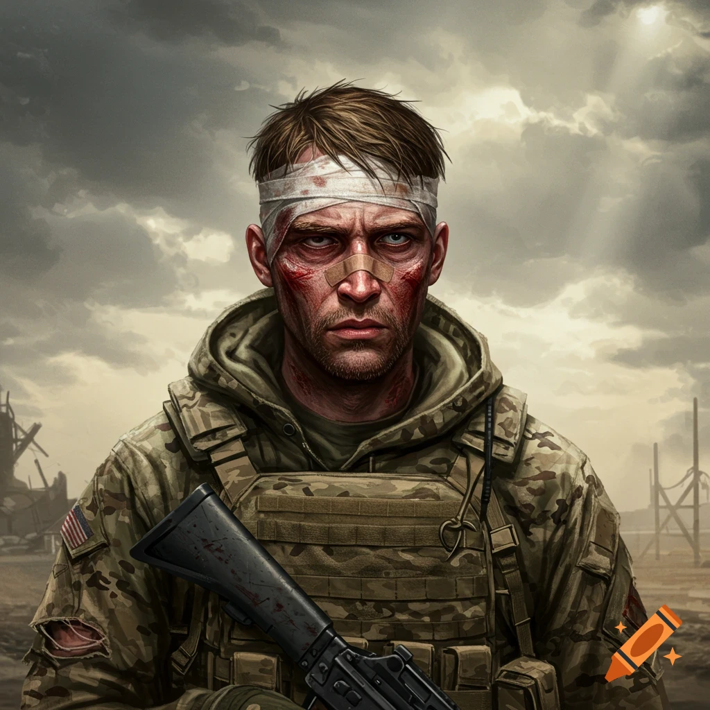 Wounded soldier in military gear holding a rifle in a destroyed landscape, digital art.