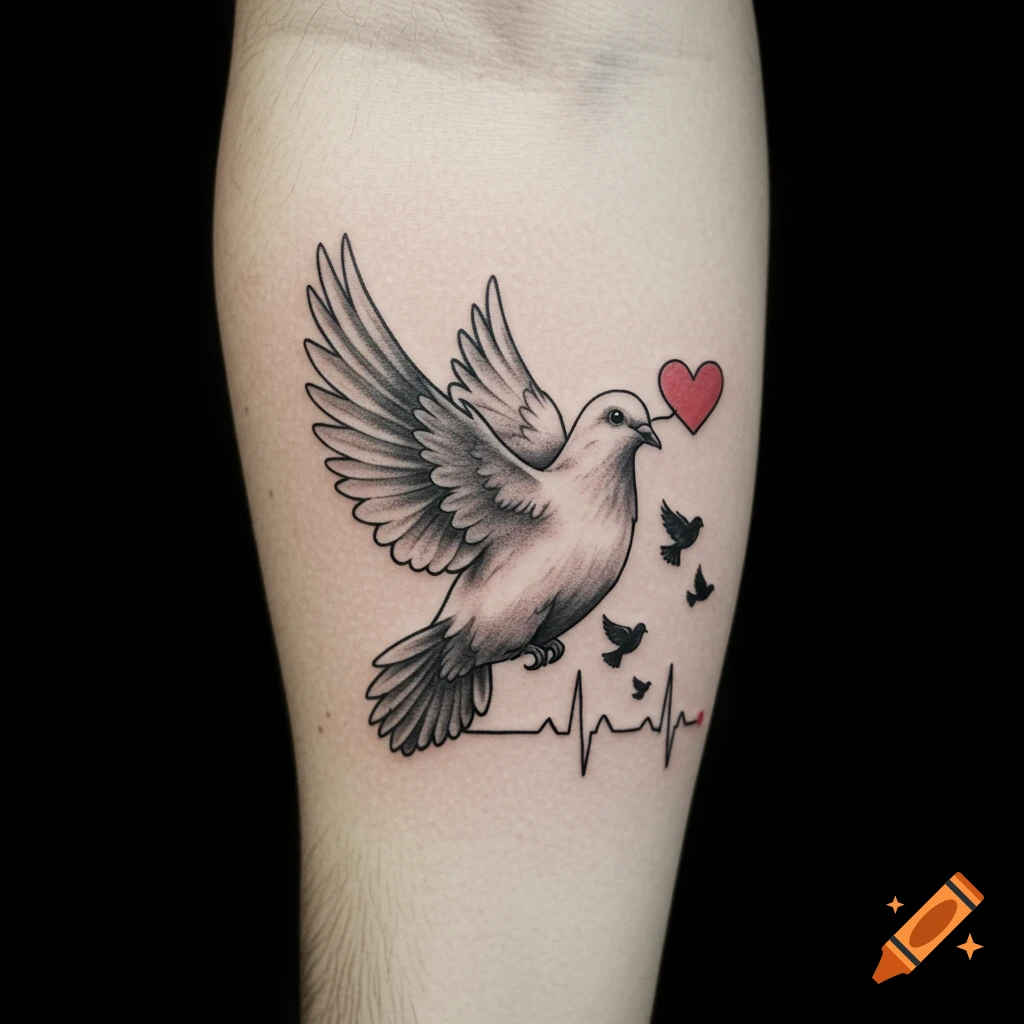 Black and grey tattoo of a dove holding a red heart in its beak above a heartbeat line with smaller doves flying off the line, on an arm.