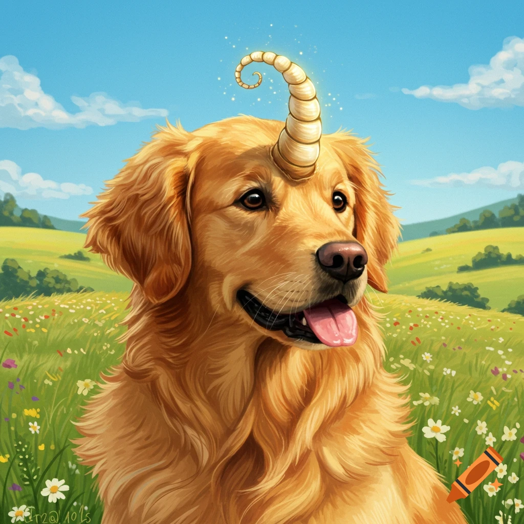 A golden retriever with a golden unicorn horn on its head, sitting in a field of wildflowers under a blue sky.