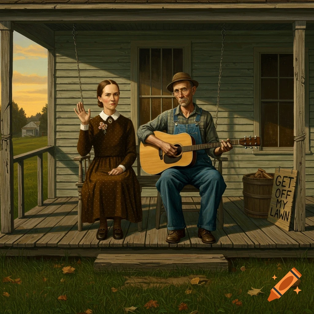 A couple sits on a porch, woman waving, man playing guitar, with a "Get Off My Lawn" sign, in the style of American Gothic.