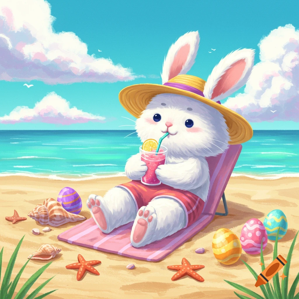 Cartoon bunny on a beach chair drinking a smoothie, with Easter eggs and shells nearby.