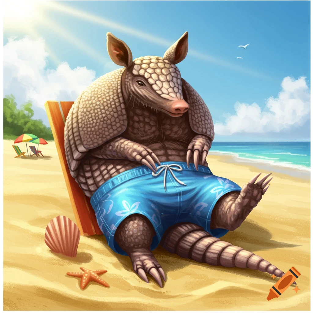 A cartoon armadillo wears blue swim trunks while relaxing on a beach chair at the beach.