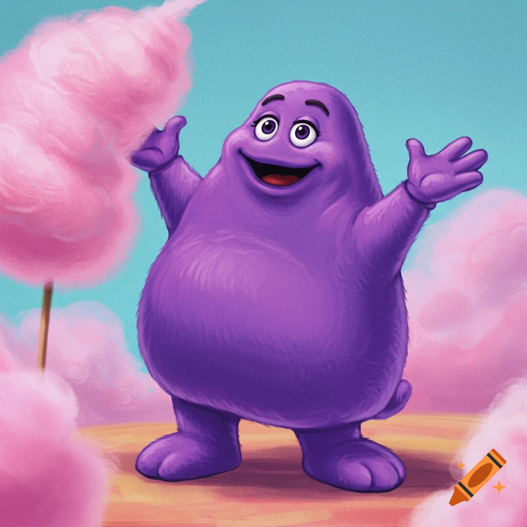 Grimace, the purple McDonald's character, standing in a world made of cotton candy.