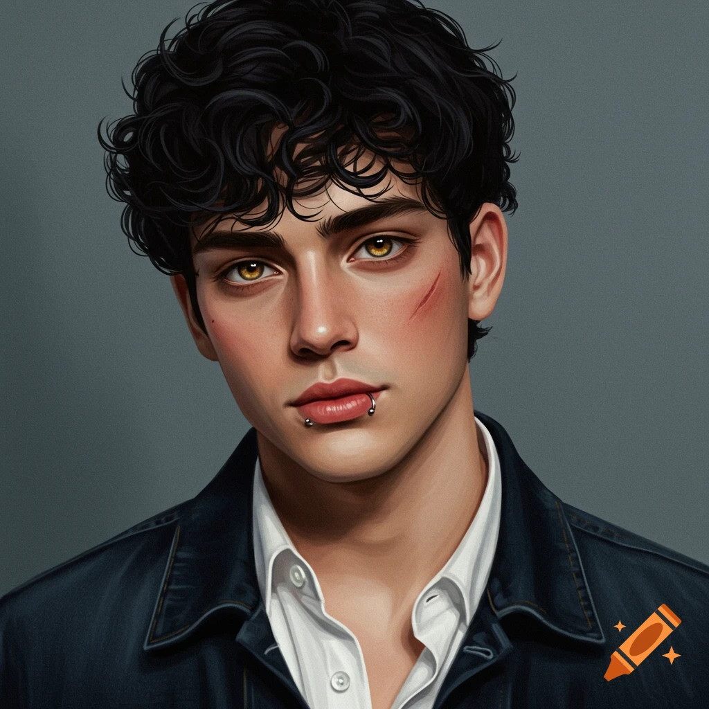 Portrait of a young man with wavy black hair, a scar on his face, and a lip piercing.