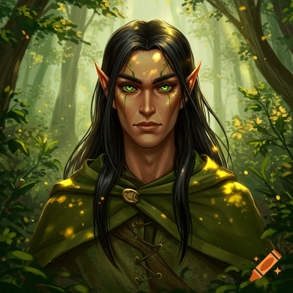 A Wood elf with green eyes and black hair in a forest.