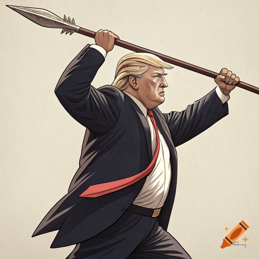 Illustration of Donald Trump in a suit holding a spear in a throwing pose.