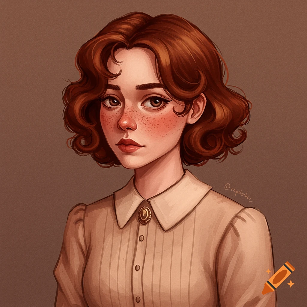 Portrait of a young woman with freckles, curly brown hair, and a vintage blouse.
