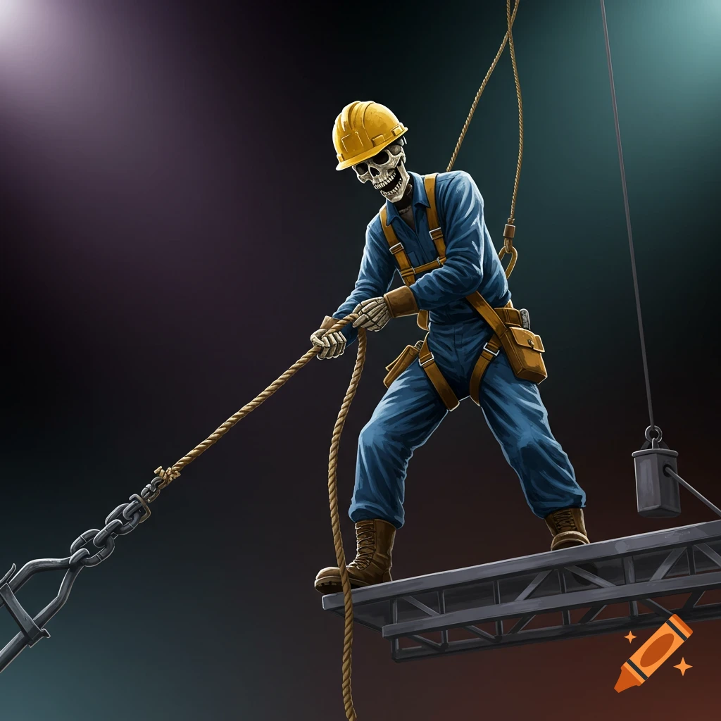 A skeleton worker in a hard hat and harness pulling a rope on a beam.