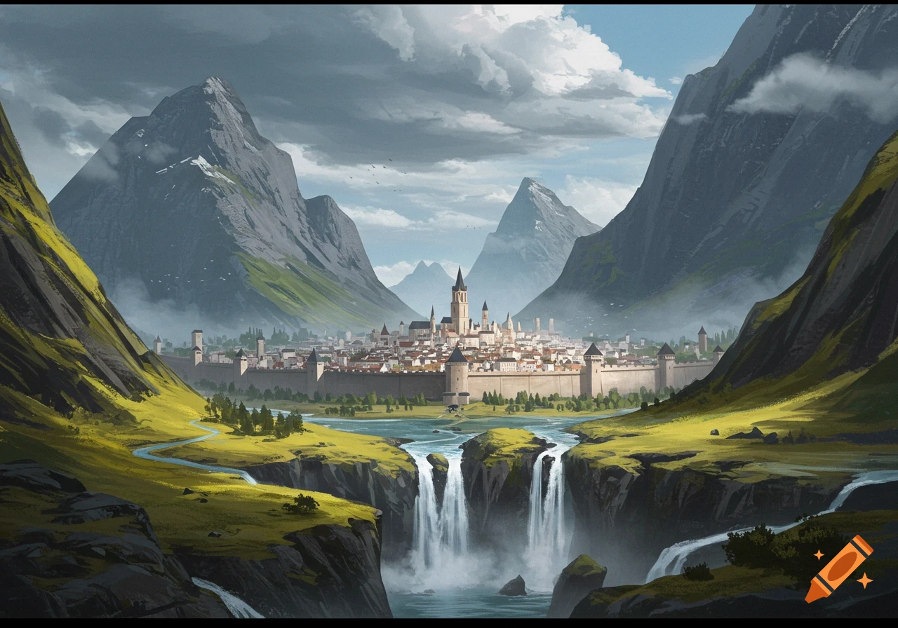 A walled city in a mountain valley with waterfalls and a river.