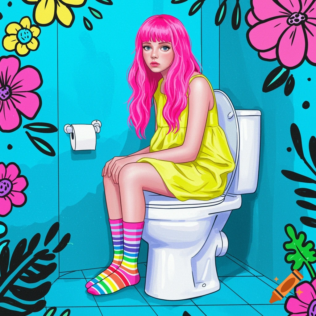 A girl with pink hair, yellow dress, and rainbow socks sits on a toilet in a pop art style bathroom with blue walls and pink and yellow flowers.