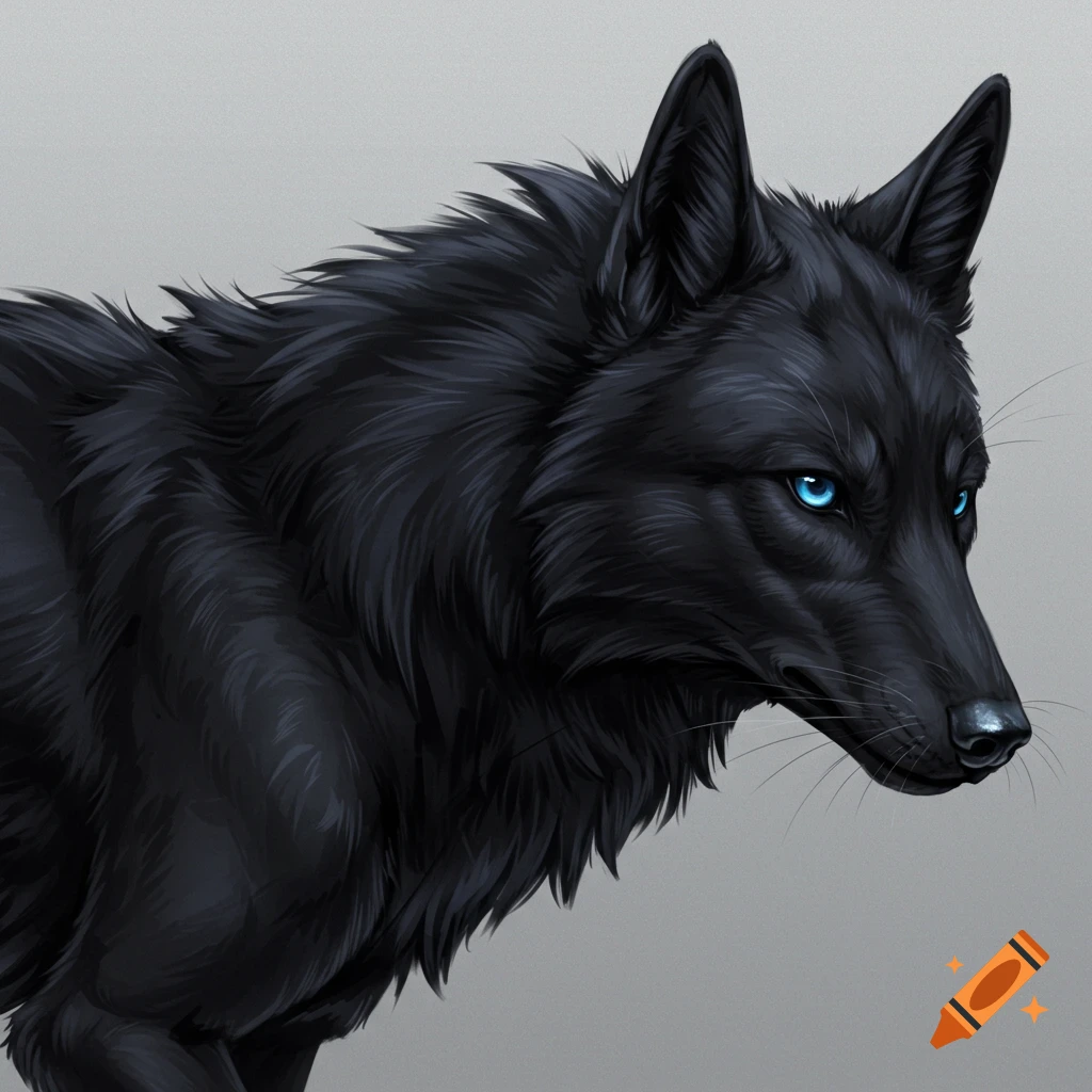 A black wolf with glowing blue eyes looking right.