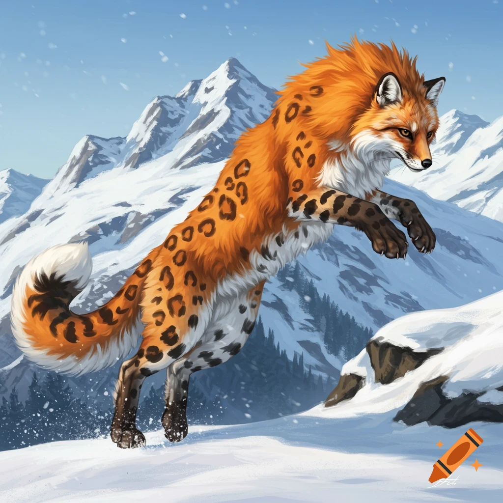 A fox and leopard hybrid is shown leaping through a snowy mountain landscape.