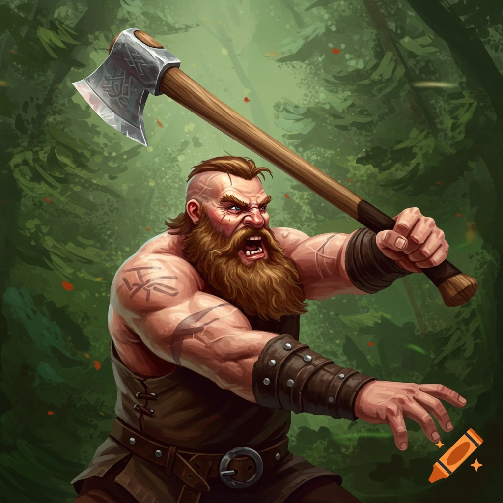 A muscular, bearded warrior holding an axe in a forest