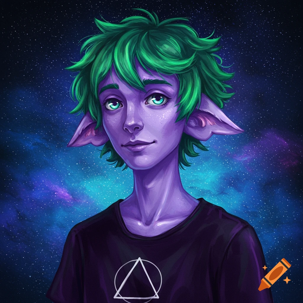 Person with purple skin and green hair in a black shirt with a triangle symbol, against a starry space background.
