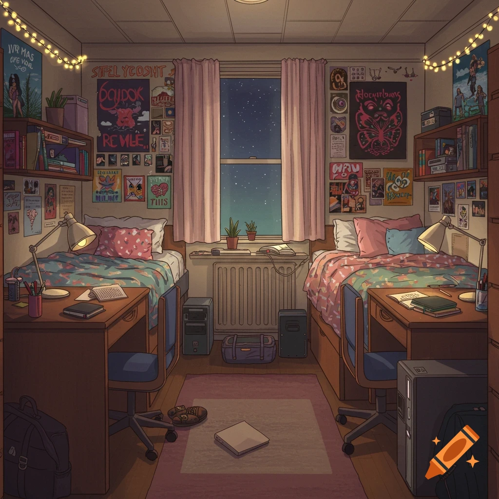 A cozy college dorm room with two beds and desks.