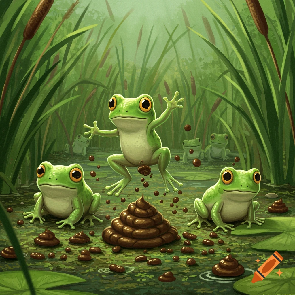 Cartoon frogs in a pond with cattails and piles of feces, children's book illustration style.