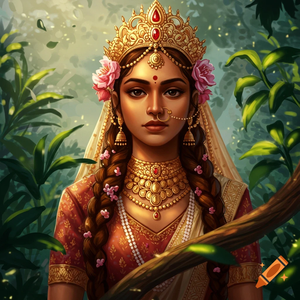 An Indian queen with a crown and jewelry in a jungle setting