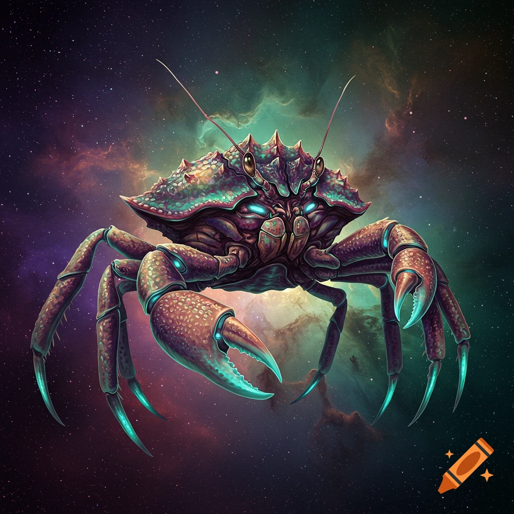 A futuristic space crab floats in front of a colorful nebula