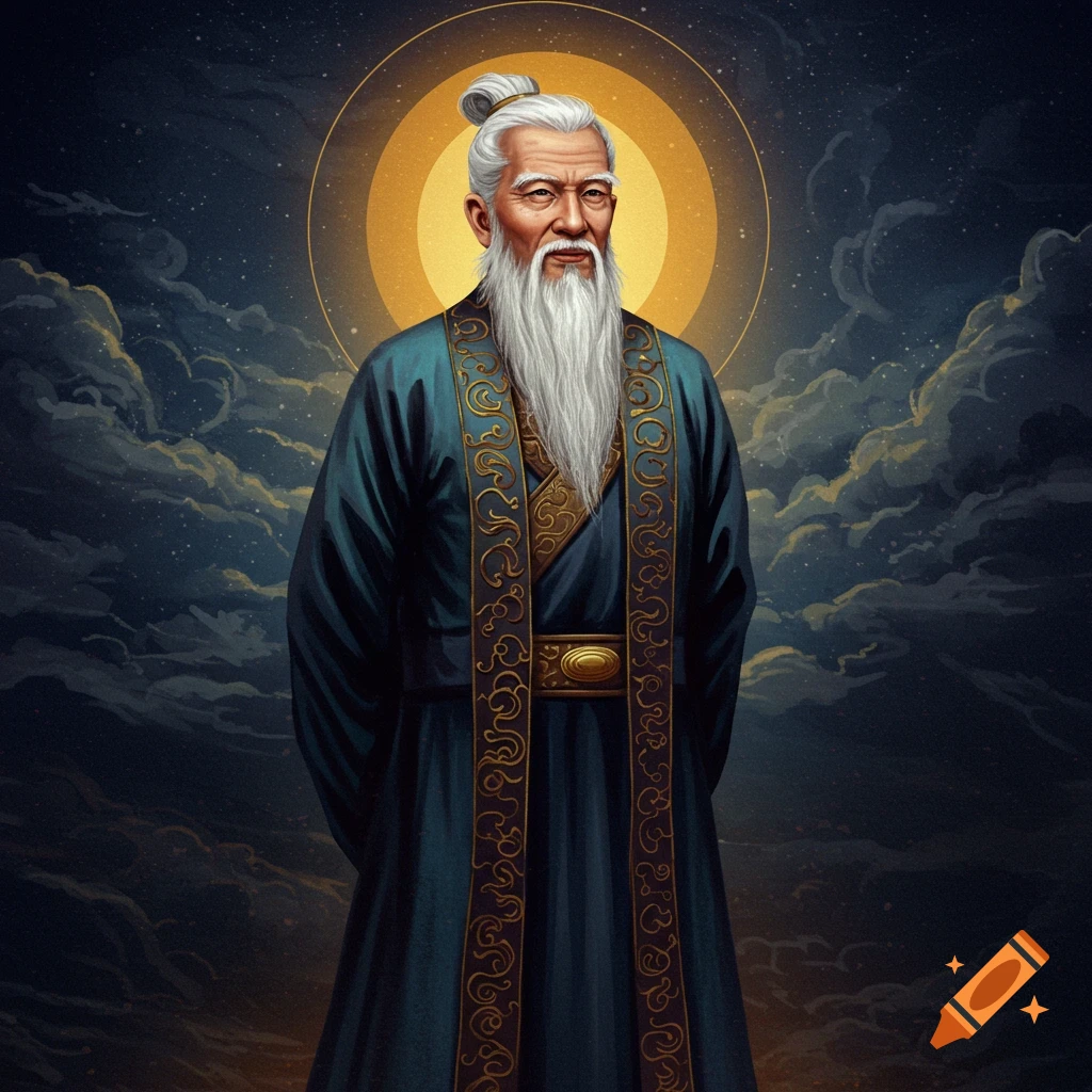 A wise old man with a long white beard, wearing traditional robes, against a celestial background with a golden halo.